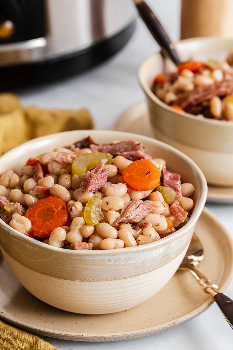 Cream bowl of white beans, carrot coins, and ham pieces.