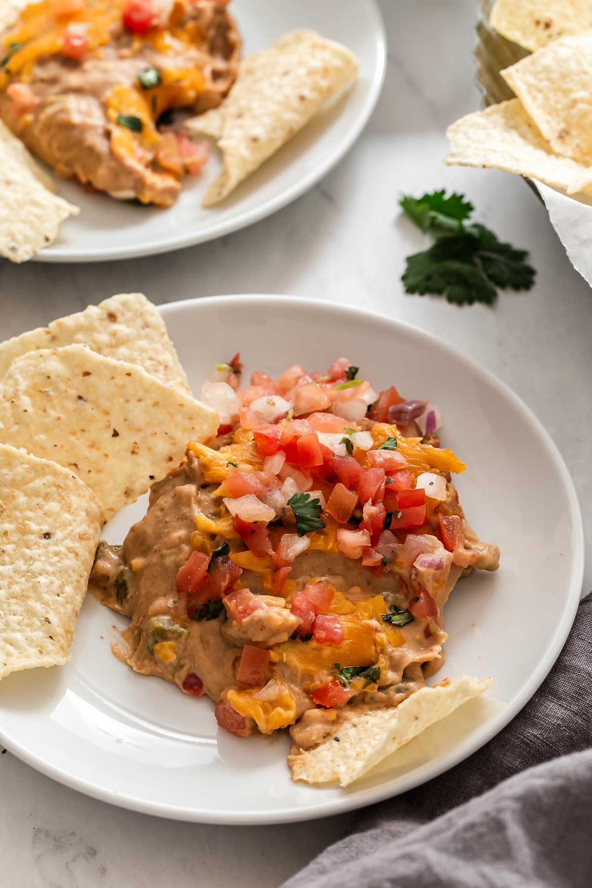 Bean dip on plate with tortilla chips.