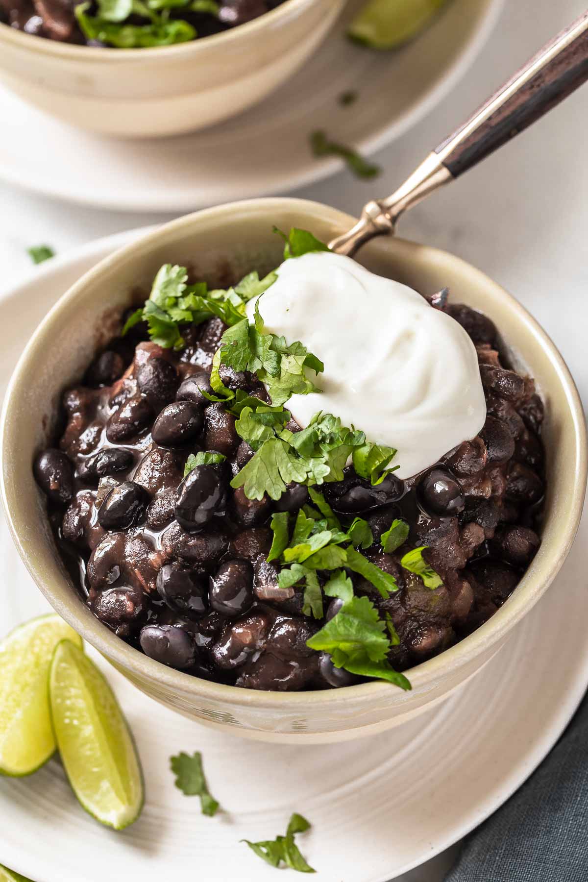 Black beans in bowl with cilantro and sour cream on top.