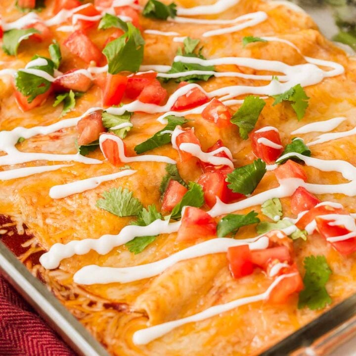 Pan of lentil enchiladas topped with pico and sour cream.
