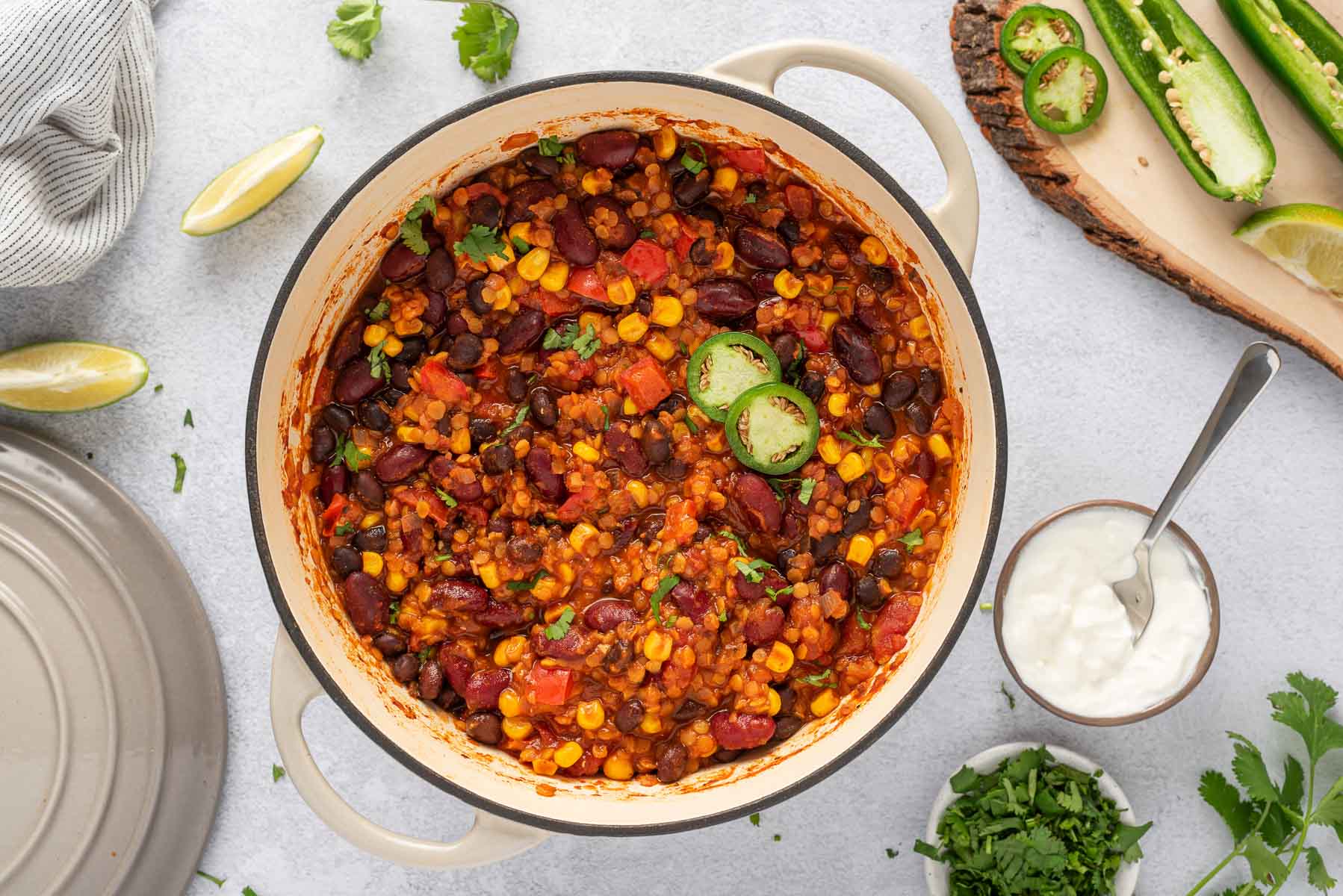 Red lentil chili with black beans and kidney beans.