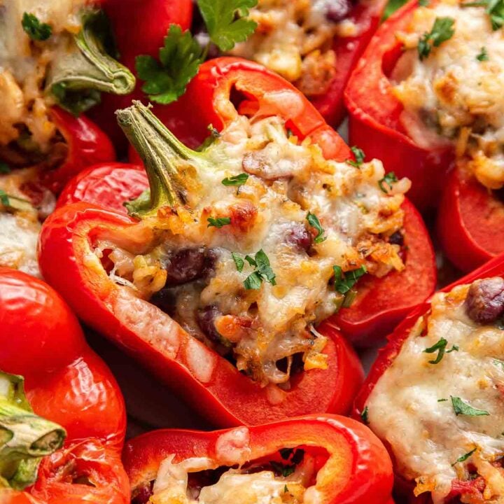 Close up of vegetarian stuffed peppers in pan.