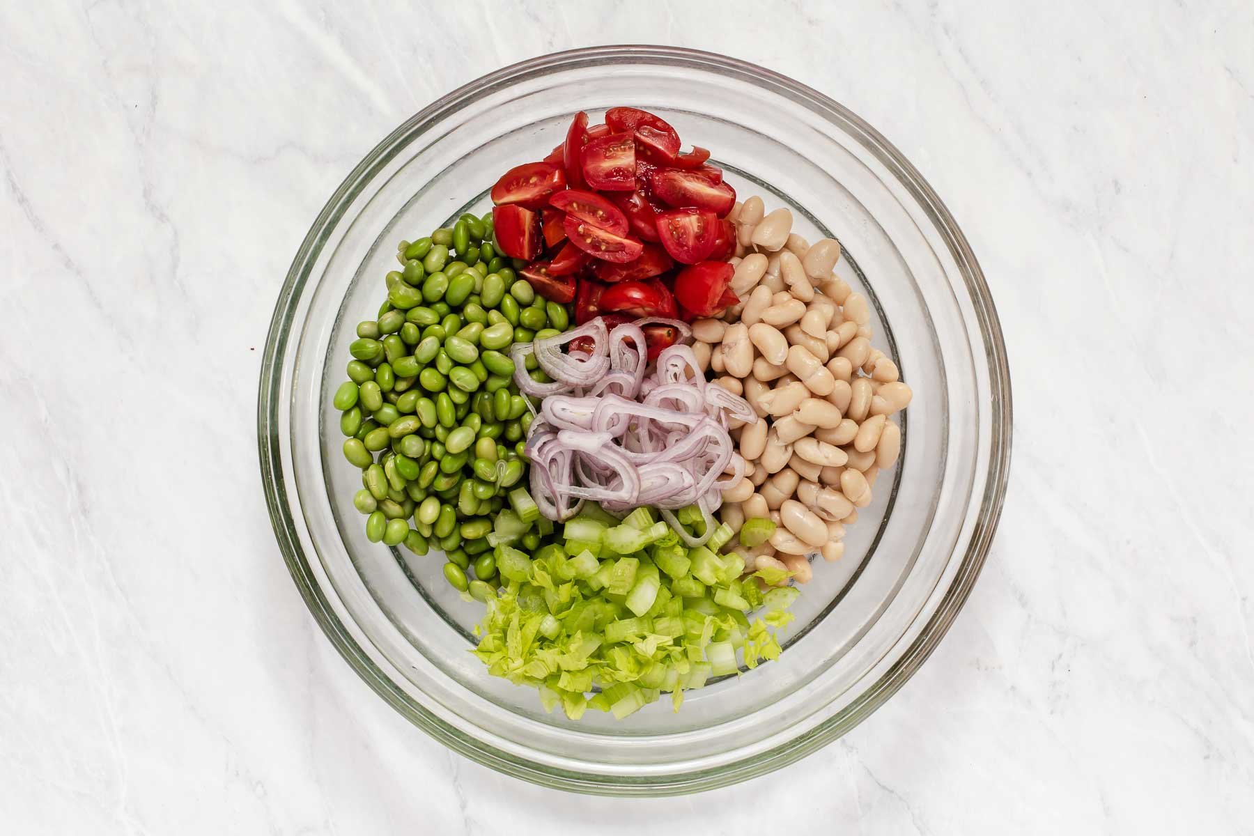Bowl of edamame, white beans, celery, onions and tomatoes.