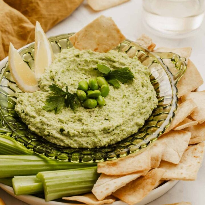 Edamame hummus on plate with pita chips and celery next to it.
