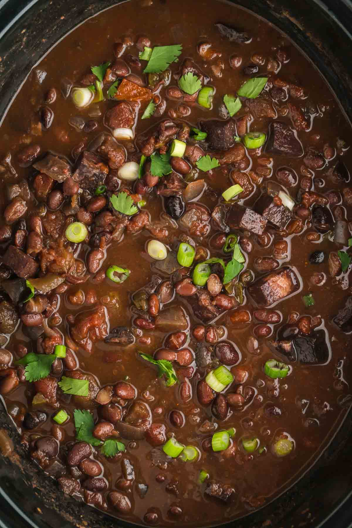 Macro shot of black beans with scallions in black crock pot.