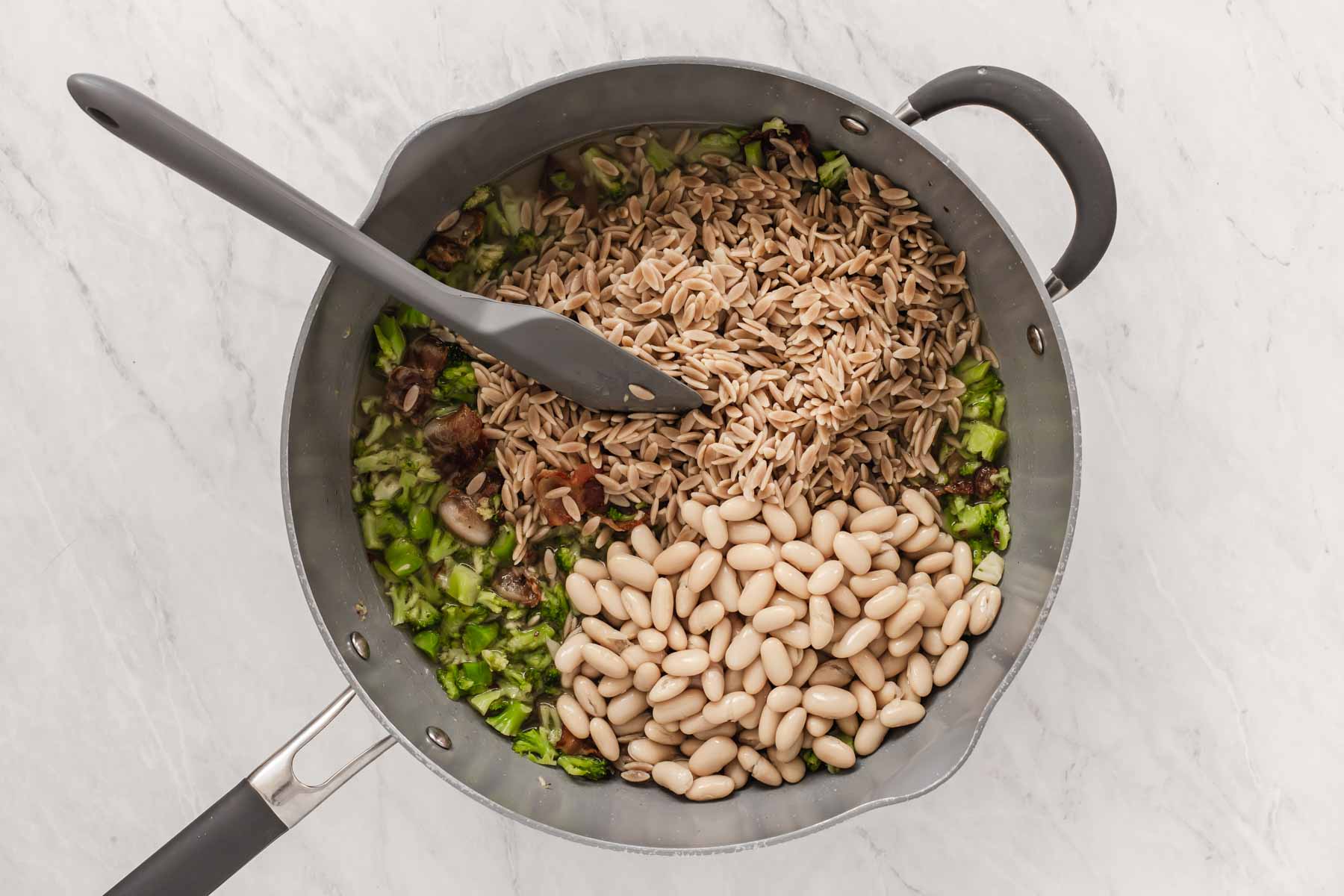 Stirring orzo and white beans into skillet with broccoli.